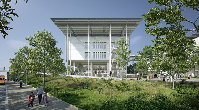 A rendering of the SNF University Pediatric Hospital of Thessaloniki building with a prominent canopy roof set among trees