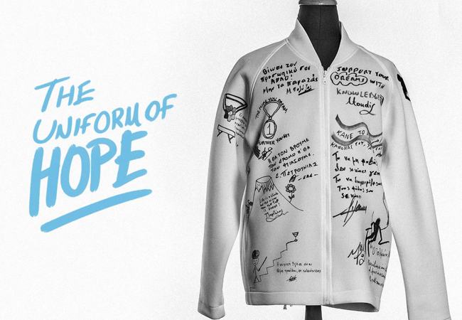  A visual that on the right is written the uniform of Hope and on the left there is a jacket that is painted with messages