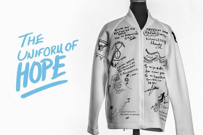 A visual that on the right is written the uniform of Hope and on the left there is a jacket that is painted with messages