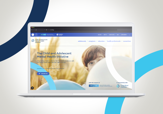 A rendering of a laptop displays the Child and Mental Health Initiative website homepage