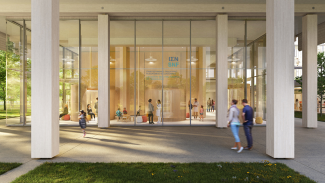 A rendering of a light-filled portico at a hospital