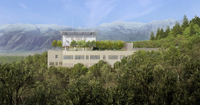 A rendering of the SNF General Hospital of Sparta building emerging from a hilltop forest