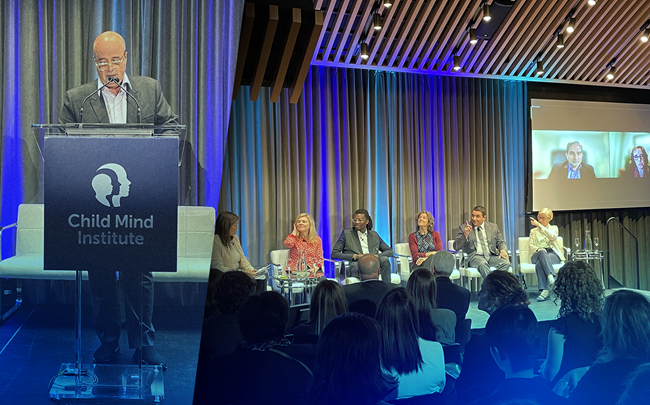 A split image shows SNF Co-President Andreas Dracopoulos at a podium and a panel of people seated onstage
