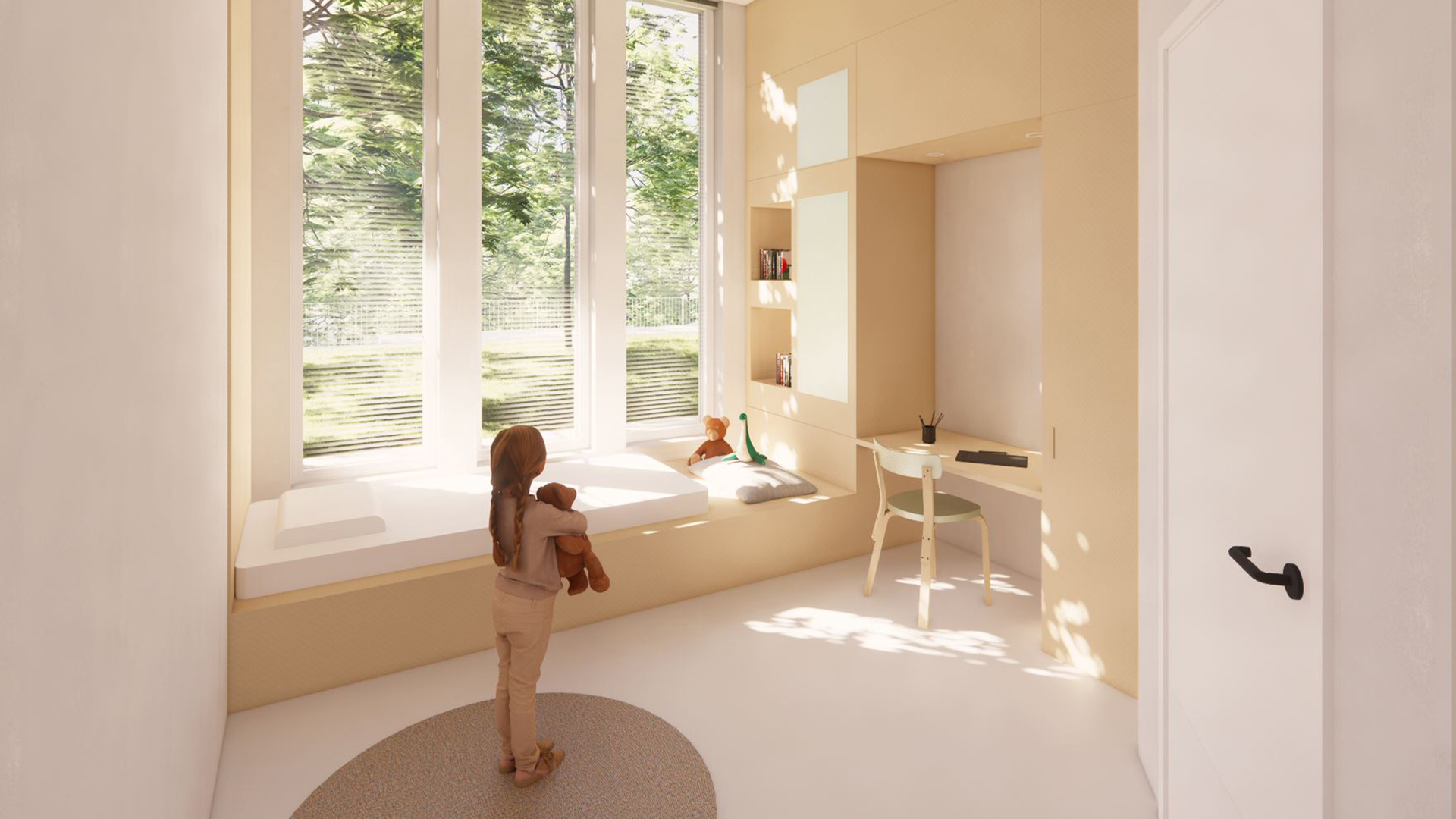 Rendering of a child holding a stuffed animal in a bright room filled with natural light 