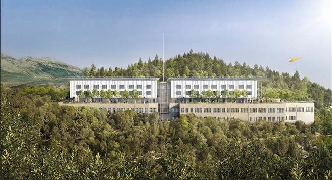 A rendering of the SNF General Hospital of Sparta with a tree-lined terrace emerging from a hilltop forest