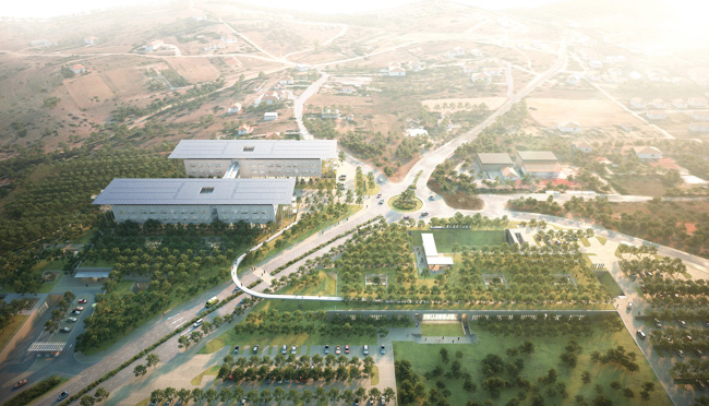 An aerial rendering of the multi-building hospital complex of the SNF University Pediatric Hospital of Thessaloniki set among trees